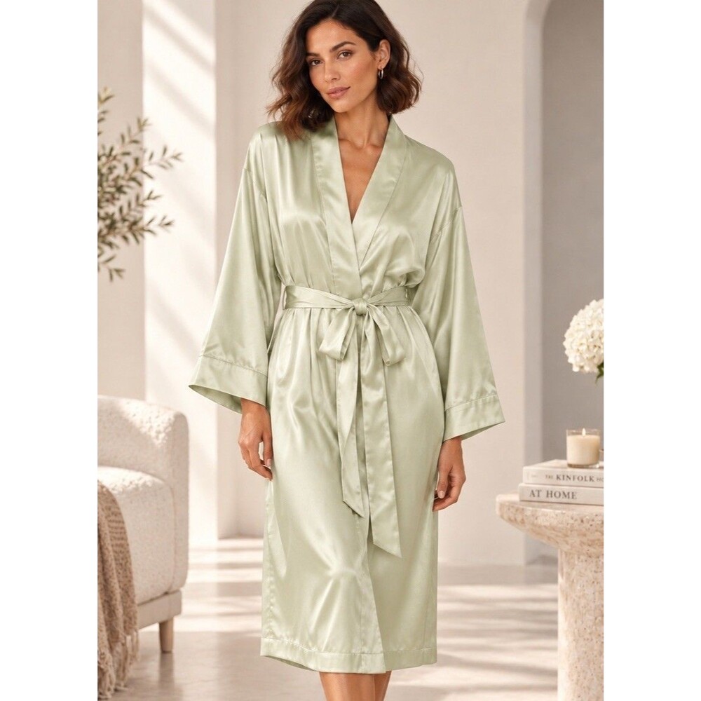 Nordstrom Lingerie 100% Silk Robe Green- Pockets Belt Tie- Size XL Luxury NWOT